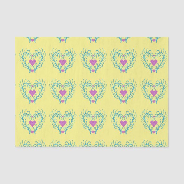 Yellow and Blue Swedish Folk Art Hearts Tissue Paper (Front)