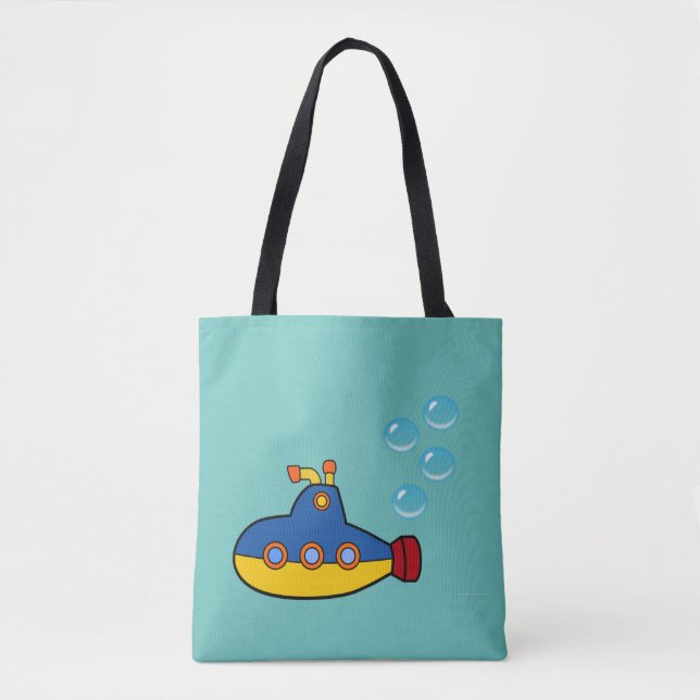Yellow and Blue Toy Submarine with Water Bubbles Tote Bag (Front)