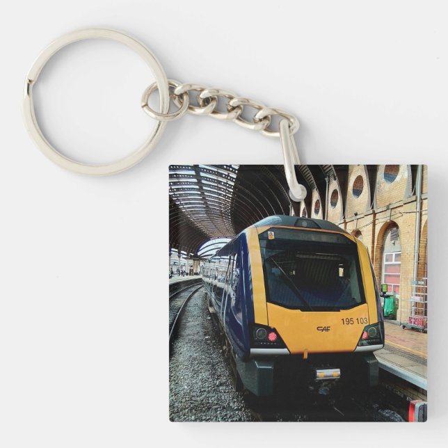 Yellow and blue train , at York station Key Ring (Front)
