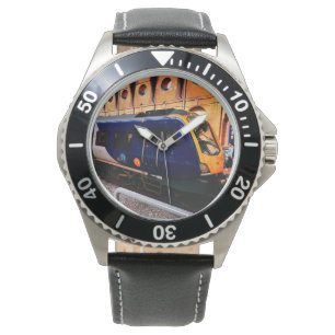 Yellow and blue train watch