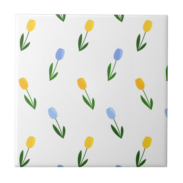 Yellow and Blue Tulip Flower Pattern Ceramic Tile (Front)