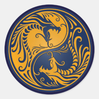 Yellow and Blue Yin Yang Dragons Classic Round Sticker