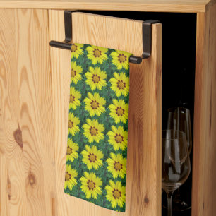Yellow and Bronze Coreopsis Floral Pattern Tea Towel