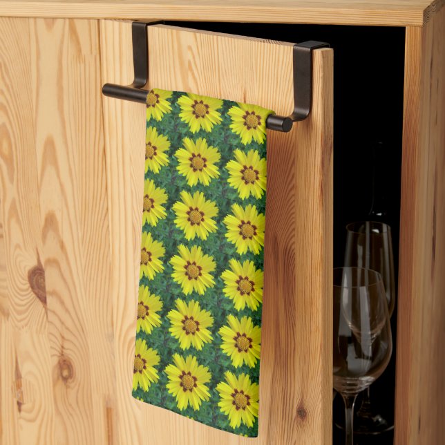 Yellow and Bronze Coreopsis Floral Pattern Tea Towel (Thirds Fold)