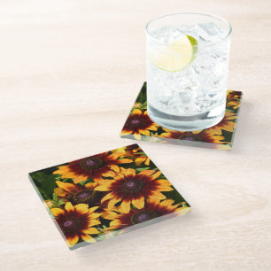 Yellow and Bronze Rudbeckias Floral Glass Coaster
