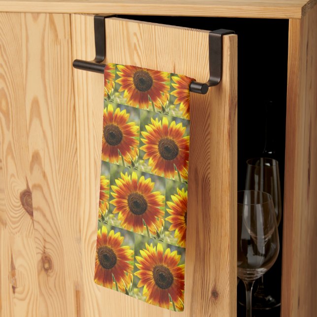 Yellow and Bronze Sunflower Floral Pattern Tea Towel (Thirds Fold)