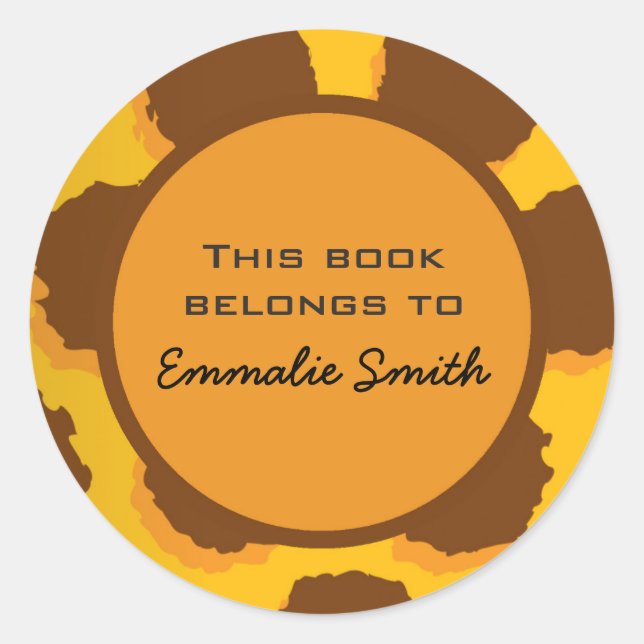 Yellow and Brown Animal Print Bookplate Classic Round Sticker (Front)