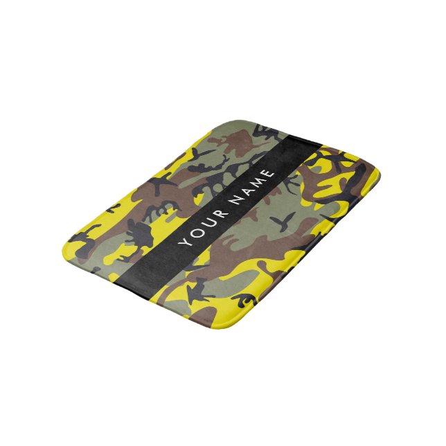 Yellow and Brown Camouflage Your name Personalise Bath Mat (Angled)