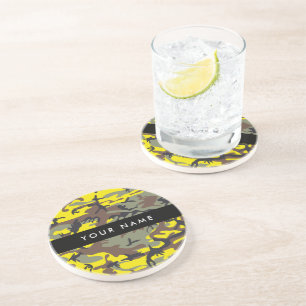Yellow and Brown Camouflage Your name Personalise Coaster