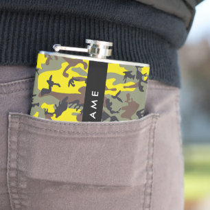 Yellow and Brown Camouflage Your name Personalise Hip Flask