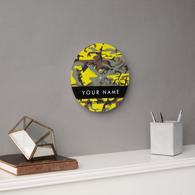 Yellow and Brown Camouflage Your name Personalise Round Clock (Office)