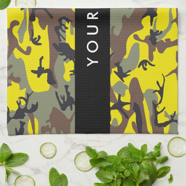 Yellow and Brown Camouflage Your name Personalise Tea Towel (Folded)