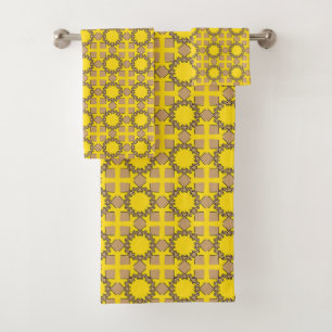 Yellow and brown geometric pattern bath towel set