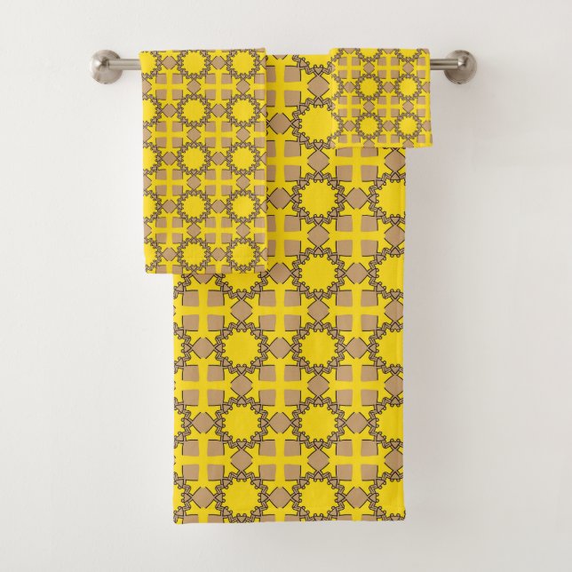 Yellow and brown geometric pattern  bath towel set (Insitu)