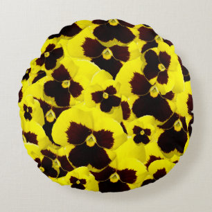 Yellow and Brown Pansies: Warm Elegance in Bloom Round Cushion