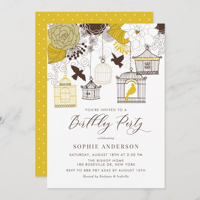 Yellow and Brown Vintage Birdcages Birthday Party Invitation (Front/Back)