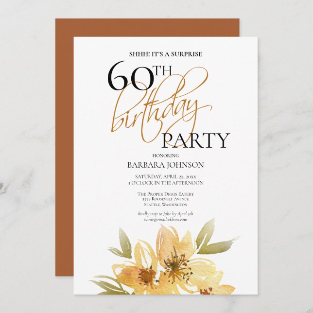 Yellow and Copper Floral Surprise 60th Birthday Invitation (Front/Back)