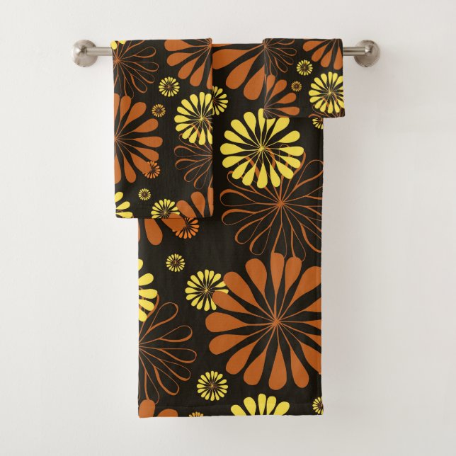 Yellow and Copper Retro Floral Print on Brown  Bath Towel Set (Insitu)