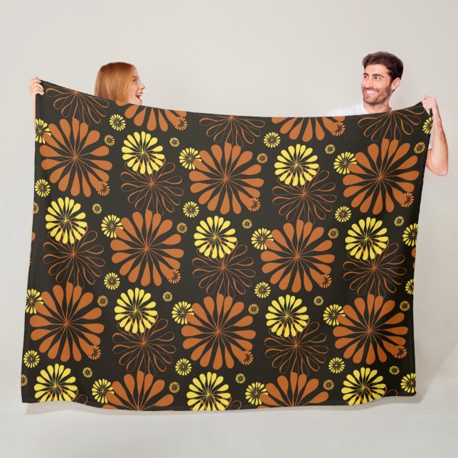 Yellow and Copper Retro Floral Print on Brown  Fleece Blanket (In Situ)
