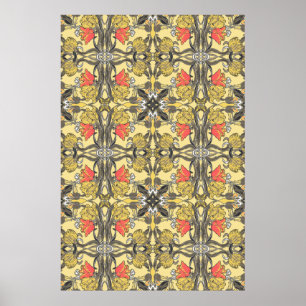 Yellow and Coral Tulips Art Nouveau Design Poster