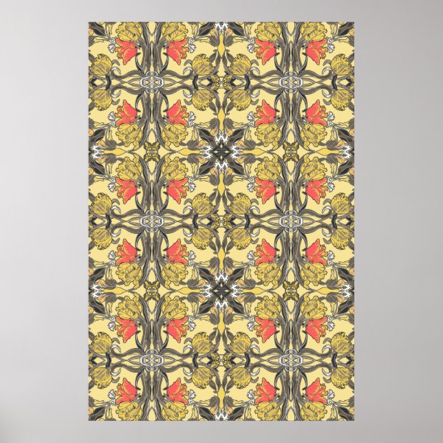 Yellow and Coral Tulips Art Nouveau Design Poster (Front)