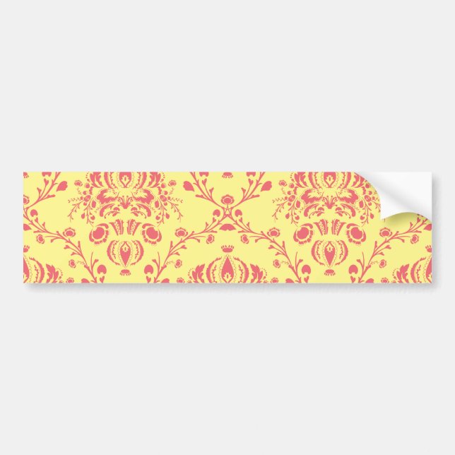 Yellow and Cranberry Pink Damask Bumper Sticker (Front)