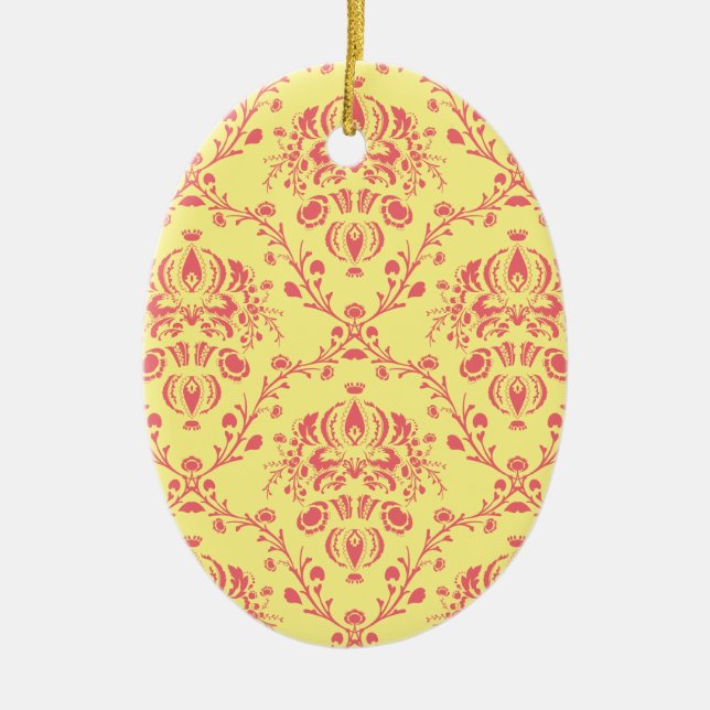 Yellow and Cranberry Pink Damask Ceramic Tree Decoration (Front)