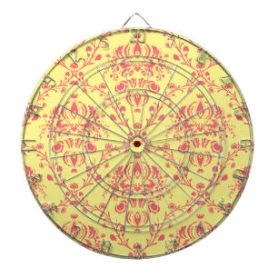 Yellow and Cranberry Pink Damask Dartboard
