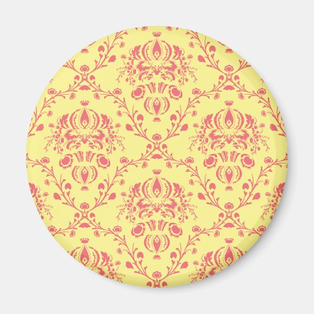 Yellow and Cranberry Pink Damask Magnet (Front)