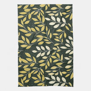Yellow and Cream Leafy Branches Pattern  Tea Towel