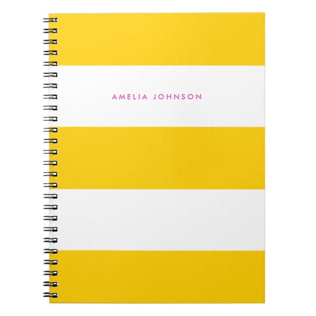 Yellow and Cream Preppy Stripe Name Notebook (Front)