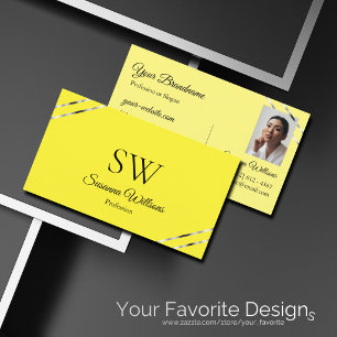 Yellow and Cream with Silver Lines Monogram Photo Business Card