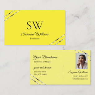 Yellow and Cream with Silver Lines Monogram Photo Business Card