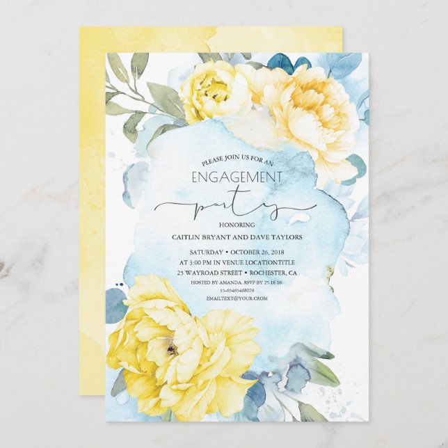 Yellow and Dusty Blue Floral Engagement Party Invitation (Front/Back)