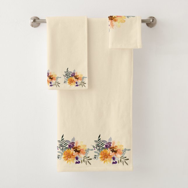 Yellow and Gold Sunflowers Pale Yellow Background  Bath Towel Set (Insitu)