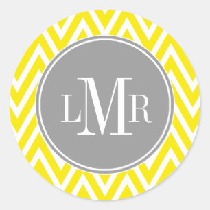 Yellow and Gray Chevrons Monogram Classic Round Sticker