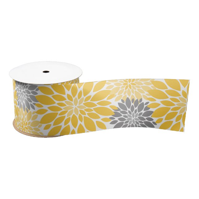 Yellow and Gray Chrysanthemums Floral Pattern Satin Ribbon (Spool)