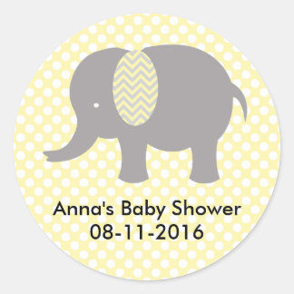 Yellow and gray Elephant Baby SHower Classic Round Sticker