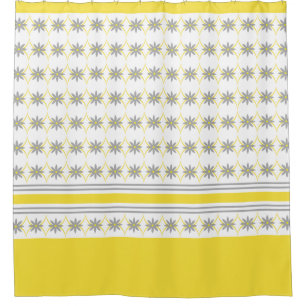 Yellow and Gray Geometric Flowers on White Shower Curtain