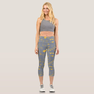 yellow and gray pattern of birds, dots, footsteps, capri leggings