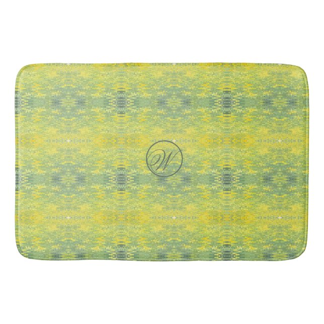 Yellow and Green Abstract Design Monogram Bath Mat (Front)
