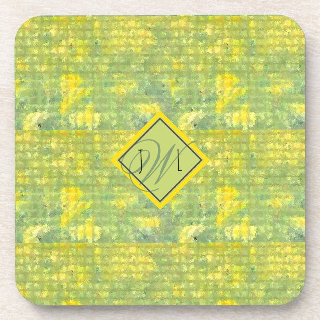 Yellow and Green  Abstract Geometric Monogramed Coaster (Front)