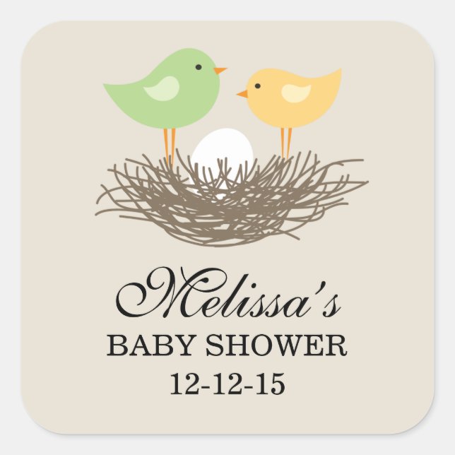Yellow and Green Baby Bird's Nest | Baby Shower Square Sticker (Front)