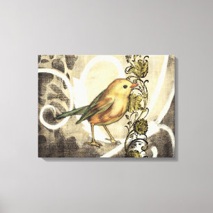 Yellow and Green Bird on Vintage Background Canvas Print