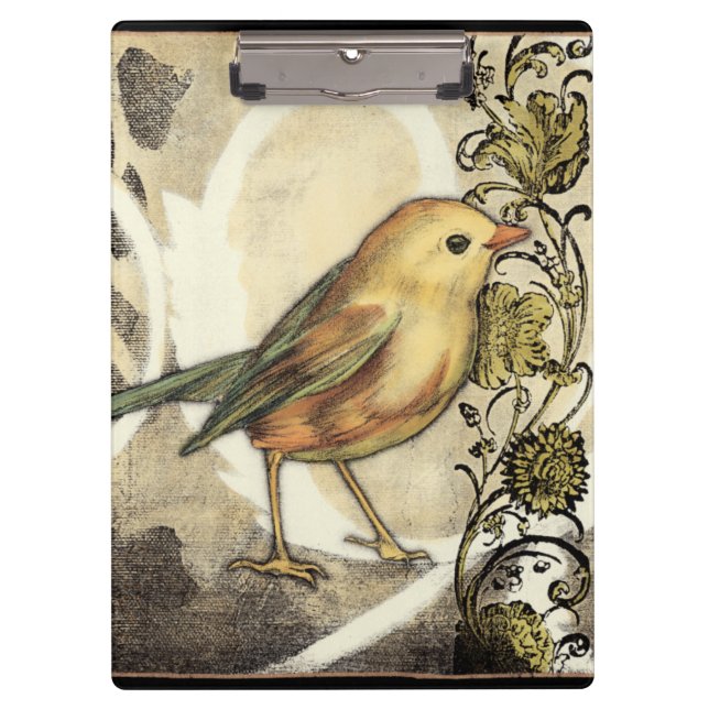 Yellow and Green Bird on Vintage Background Clipboard (Front)