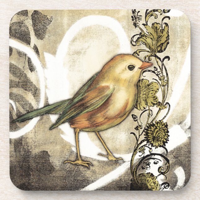 Yellow and Green Bird on Vintage Background Coaster (Front)