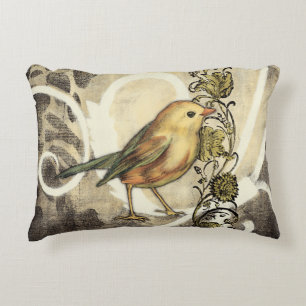 Yellow and Green Bird on Vintage Background Decorative Cushion
