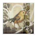 Yellow and Green Bird on Vintage Background Tile<br><div class="desc">This mix of painting and sketching portrays a close-up of a yellow and green bird on a simple black and beige background. The white lines in the background add a vintage tone. This image would fit perfect on any customisable Zazzle product.</div>