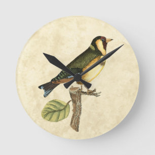 Yellow and Green Bird Perched on a Little Branch Round Clock