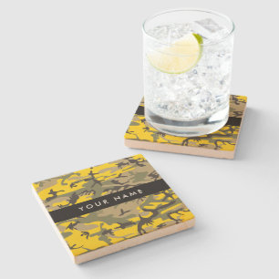 Yellow and Green Camouflage Your name Personalise Stone Coaster